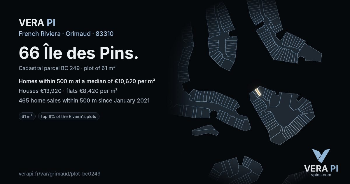 66 Île des Pins, Grimaud at night – the plot lit, the parcels around coloured by the prices near them