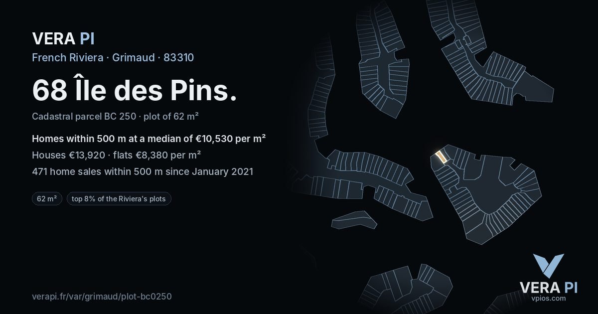 68 Île des Pins, Grimaud at night – the plot lit, the parcels around coloured by the prices near them