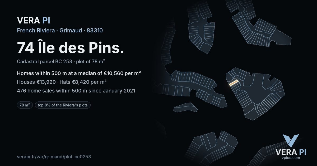 74 Île des Pins, Grimaud at night – the plot lit, the parcels around coloured by the prices near them