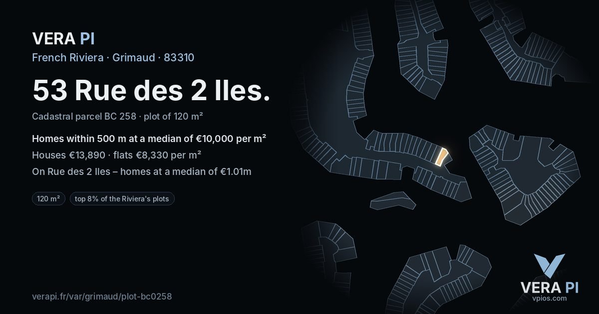 53 Rue des 2 Iles, Grimaud at night – the plot lit, the parcels around coloured by the prices near them