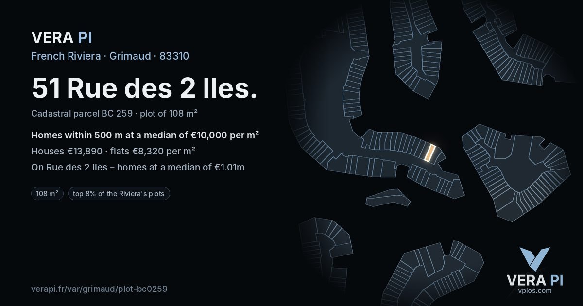 51 Rue des 2 Iles, Grimaud at night – the plot lit, the parcels around coloured by the prices near them