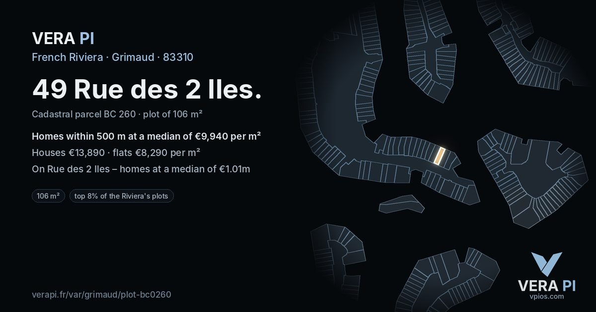 49 Rue des 2 Iles, Grimaud at night – the plot lit, the parcels around coloured by the prices near them