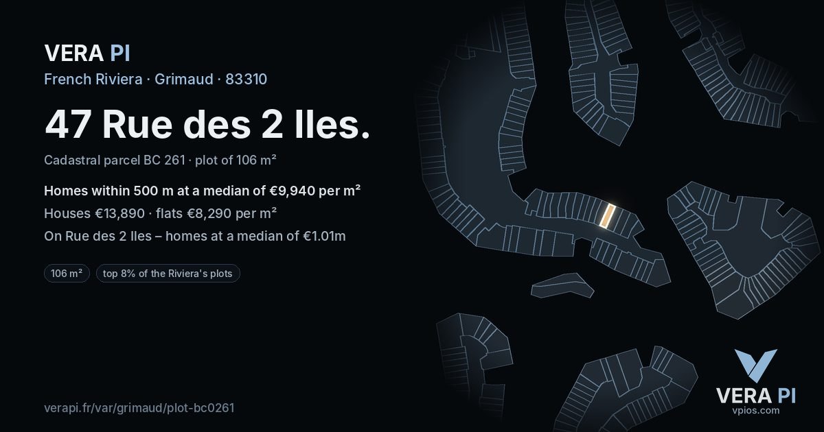 47 Rue des 2 Iles, Grimaud at night – the plot lit, the parcels around coloured by the prices near them