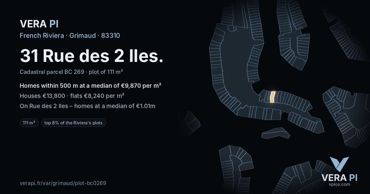 31 Rue des 2 Iles, Grimaud at night – the plot lit, the parcels around coloured by the prices near them