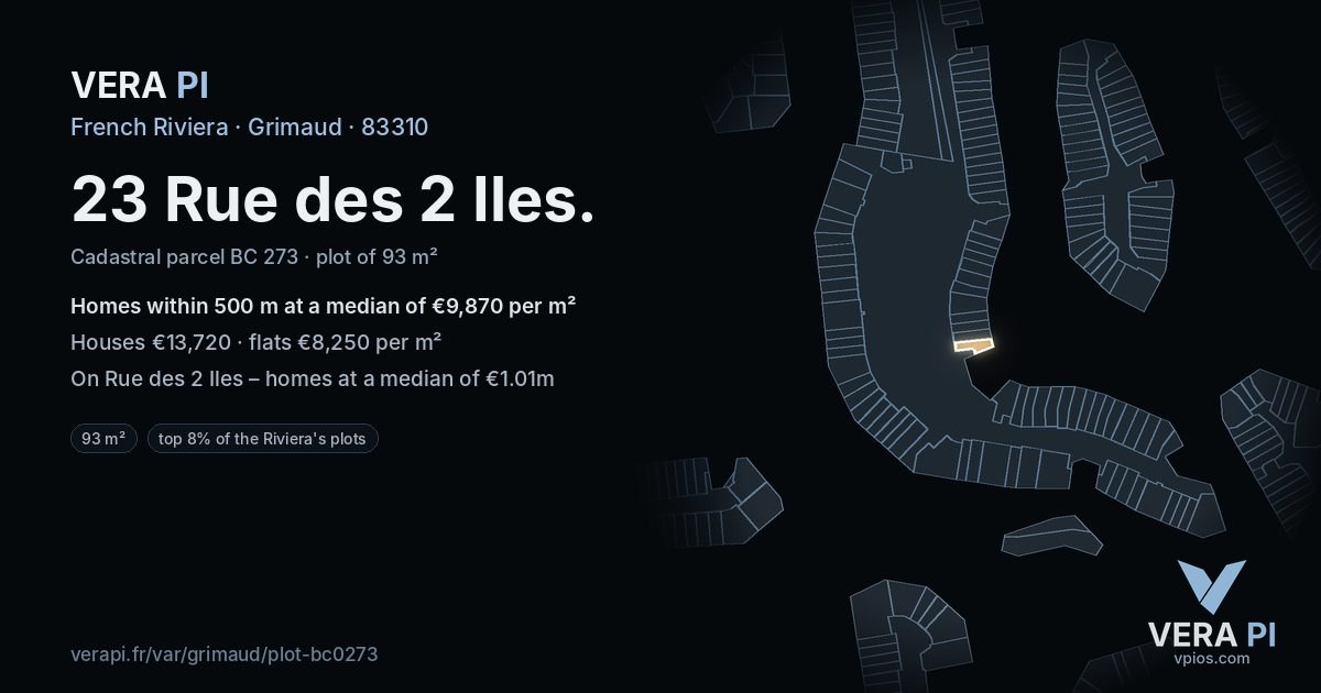 23 Rue des 2 Iles, Grimaud at night – the plot lit, the parcels around coloured by the prices near them
