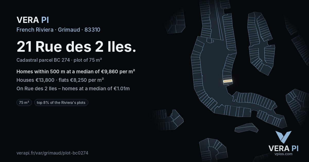 21 Rue des 2 Iles, Grimaud at night – the plot lit, the parcels around coloured by the prices near them