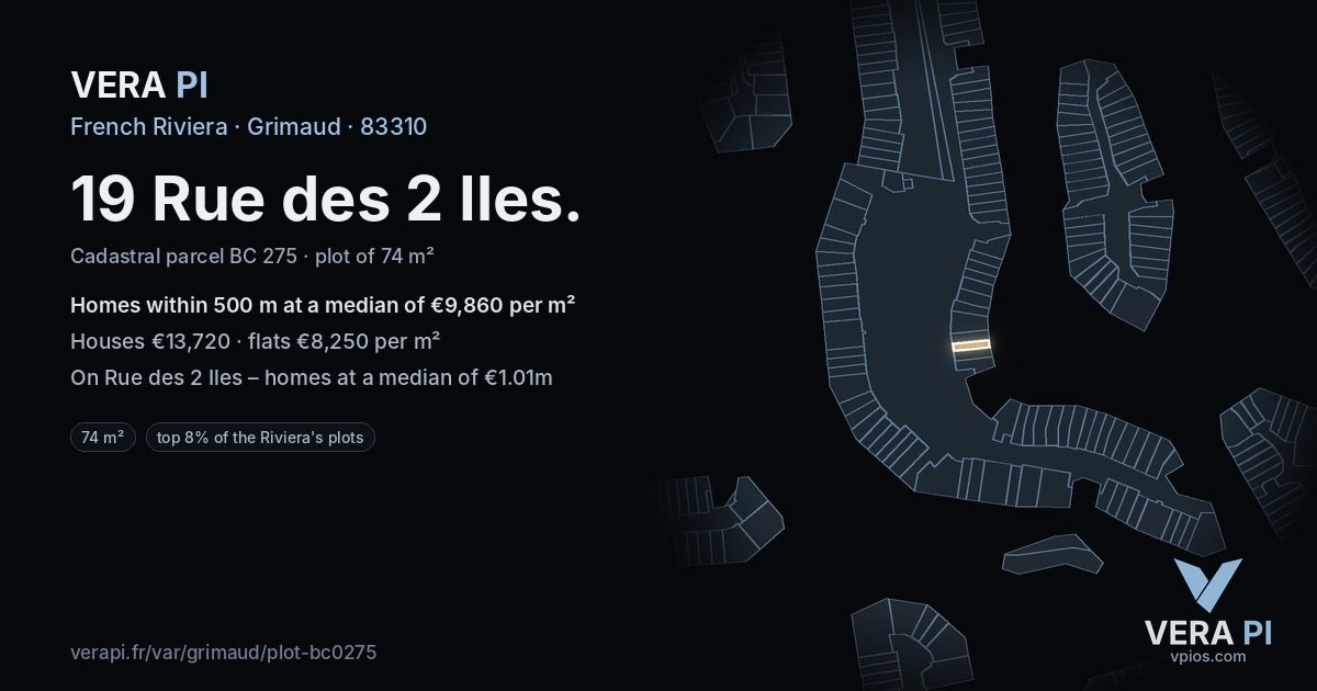 19 Rue des 2 Iles, Grimaud at night – the plot lit, the parcels around coloured by the prices near them