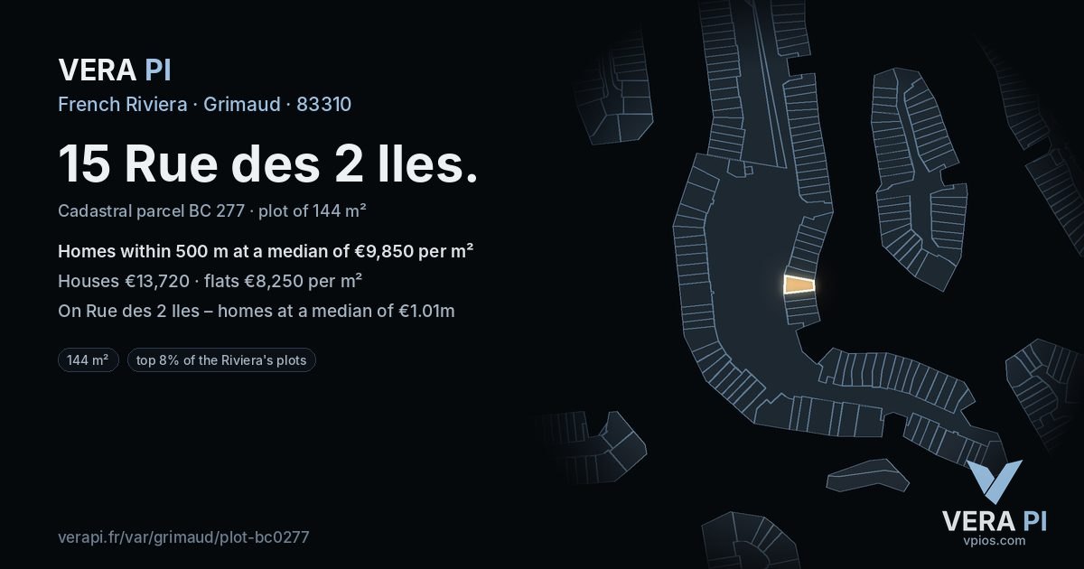 15 Rue des 2 Iles, Grimaud at night – the plot lit, the parcels around coloured by the prices near them