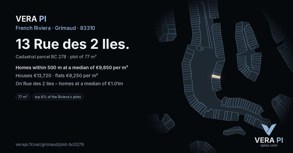 13 Rue des 2 Iles, Grimaud at night – the plot lit, the parcels around coloured by the prices near them