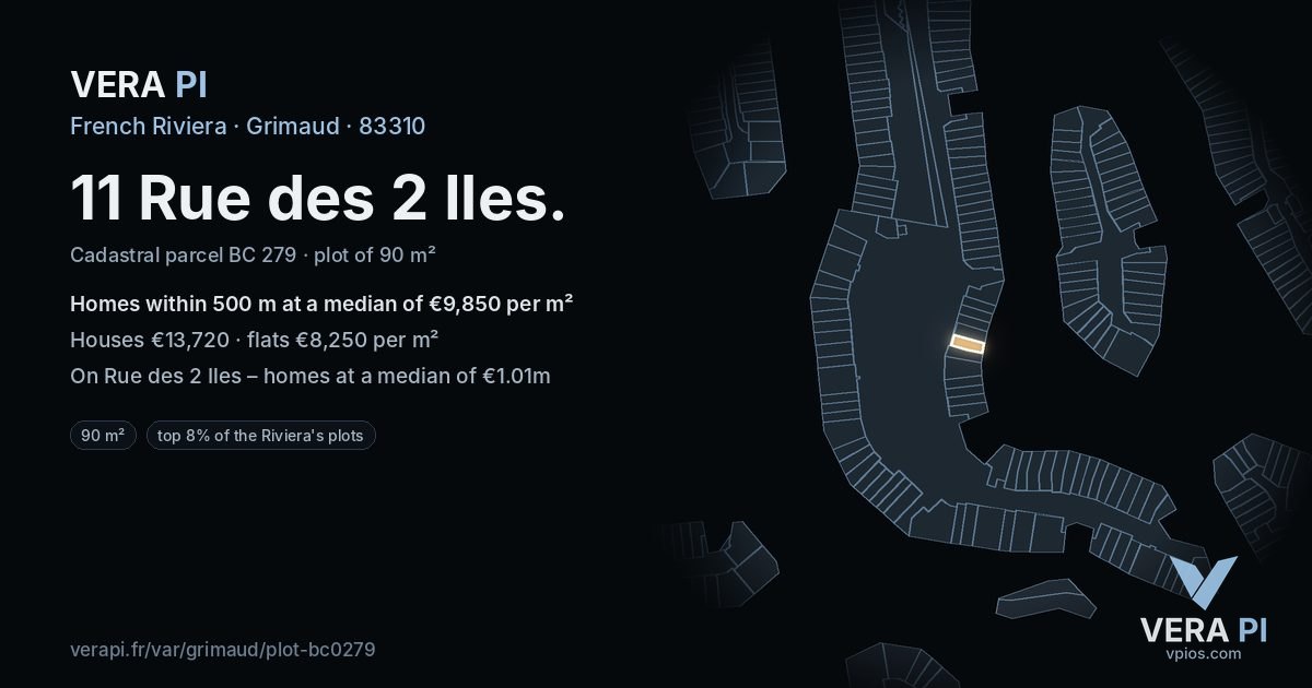 11 Rue des 2 Iles, Grimaud at night – the plot lit, the parcels around coloured by the prices near them