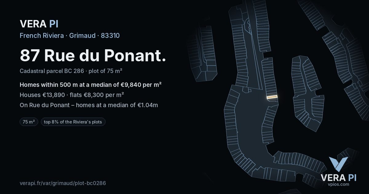 87 Rue du Ponant, Grimaud at night – the plot lit, the parcels around coloured by the prices near them