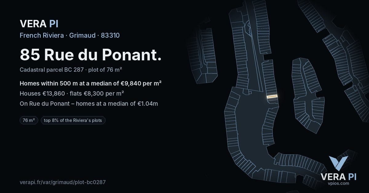 85 Rue du Ponant, Grimaud at night – the plot lit, the parcels around coloured by the prices near them