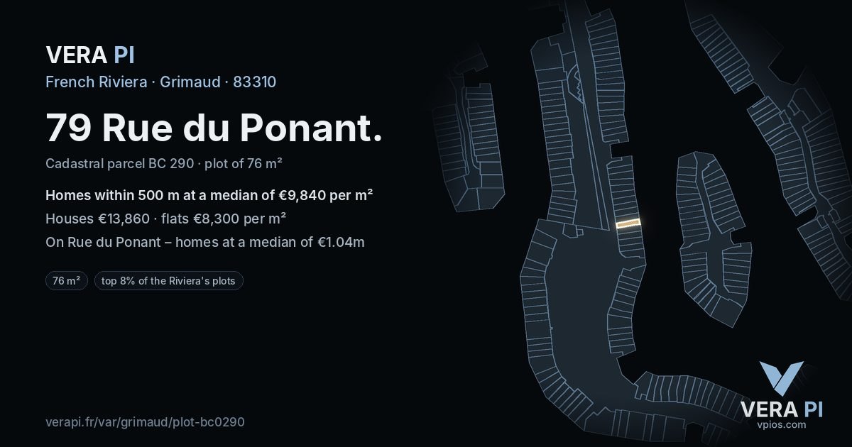 79 Rue du Ponant, Grimaud at night – the plot lit, the parcels around coloured by the prices near them