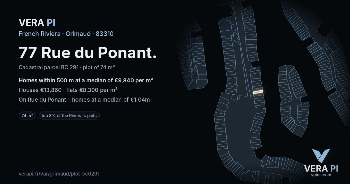 77 Rue du Ponant, Grimaud at night – the plot lit, the parcels around coloured by the prices near them