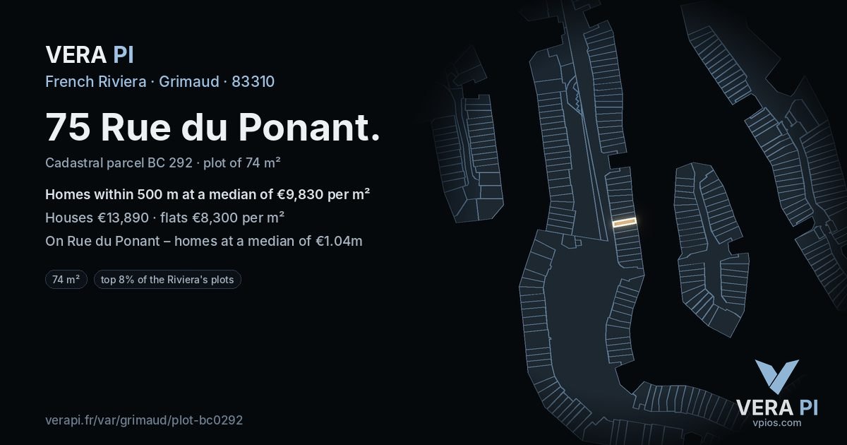 75 Rue du Ponant, Grimaud at night – the plot lit, the parcels around coloured by the prices near them