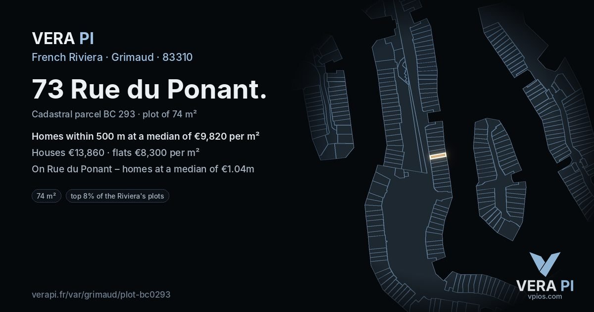 73 Rue du Ponant, Grimaud at night – the plot lit, the parcels around coloured by the prices near them