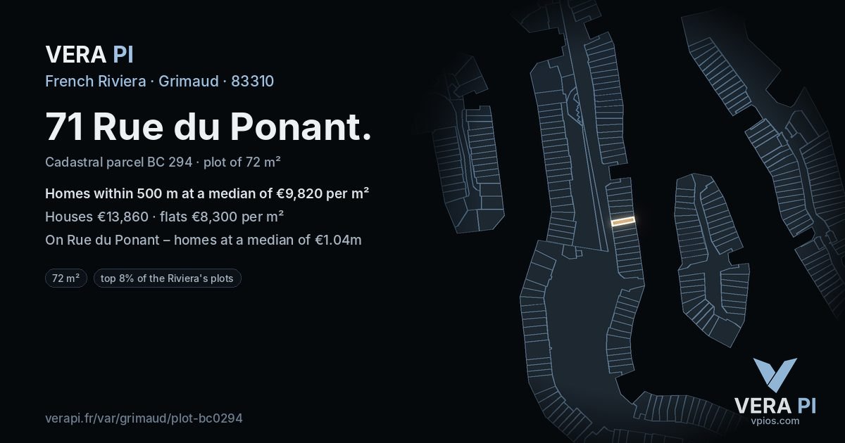 71 Rue du Ponant, Grimaud at night – the plot lit, the parcels around coloured by the prices near them