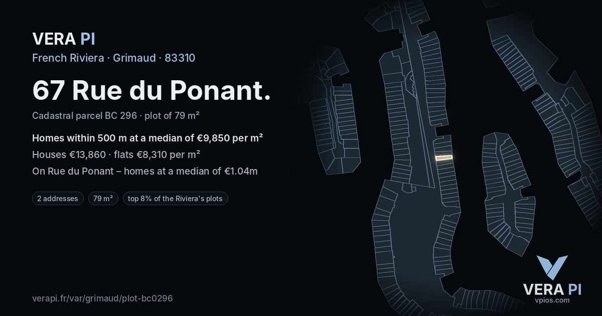 67 Rue du Ponant, Grimaud at night – the plot lit, the parcels around coloured by the prices near them
