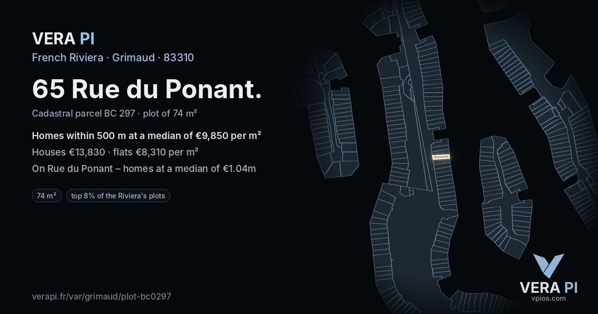 65 Rue du Ponant, Grimaud at night – the plot lit, the parcels around coloured by the prices near them