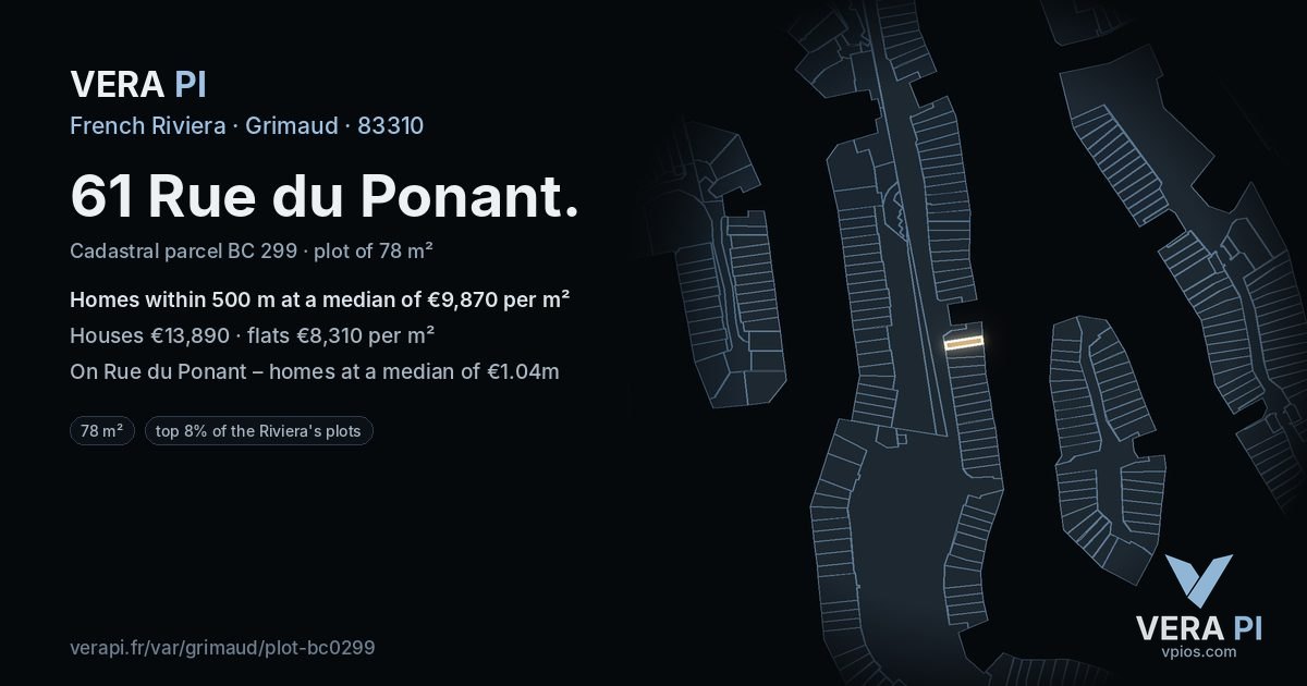 61 Rue du Ponant, Grimaud at night – the plot lit, the parcels around coloured by the prices near them