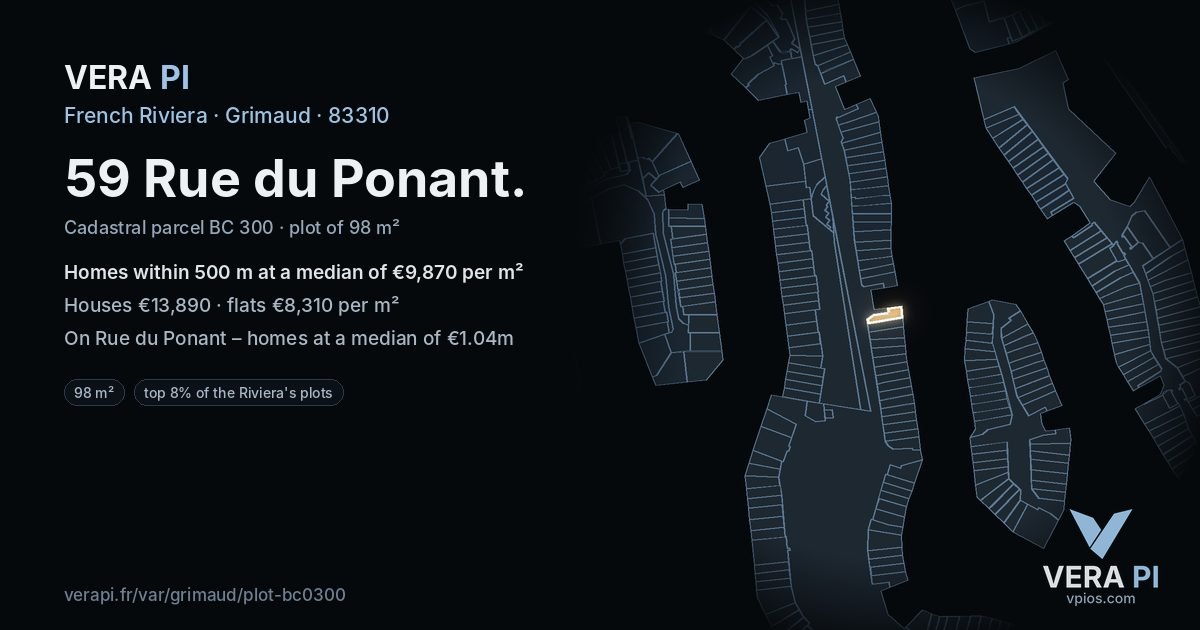 59 Rue du Ponant, Grimaud at night – the plot lit, the parcels around coloured by the prices near them
