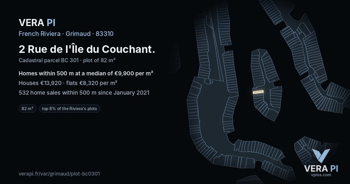 2 Rue de l'Île du Couchant, Grimaud at night – the plot lit, the parcels around coloured by the prices near them