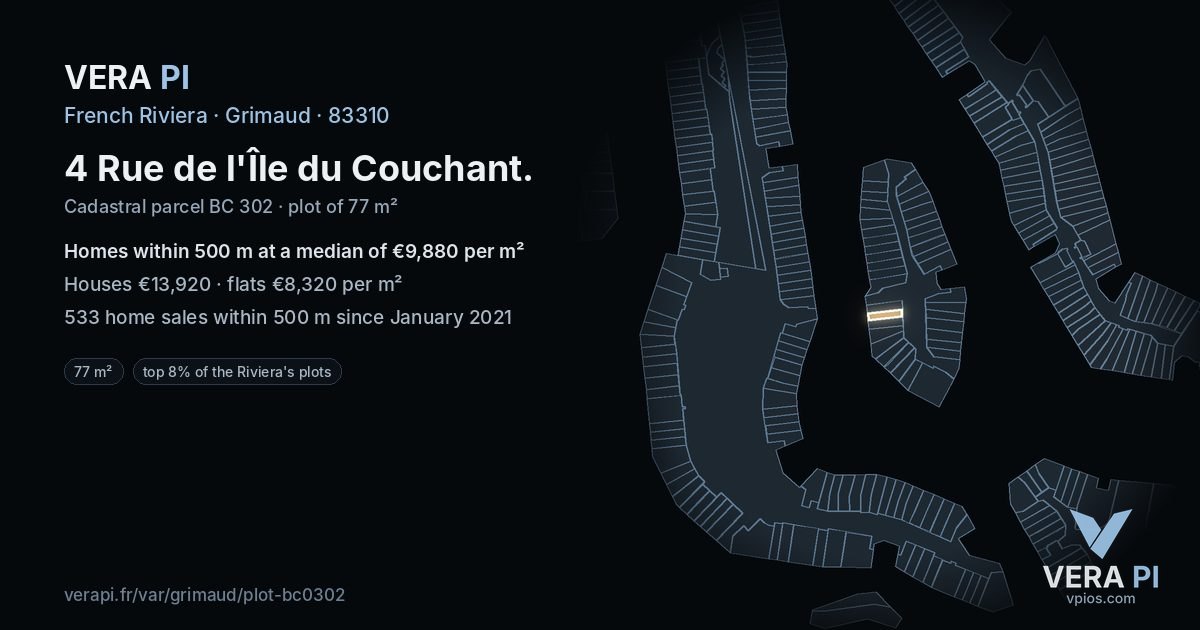4 Rue de l'Île du Couchant, Grimaud at night – the plot lit, the parcels around coloured by the prices near them