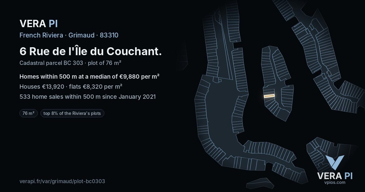6 Rue de l'Île du Couchant, Grimaud at night – the plot lit, the parcels around coloured by the prices near them