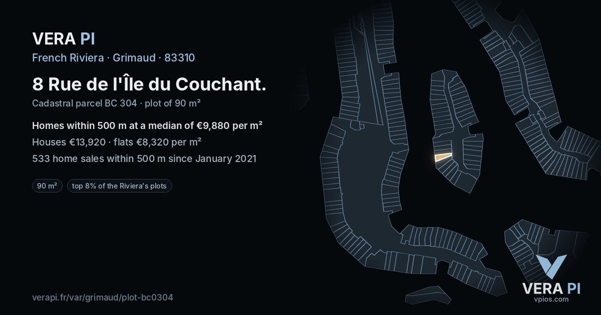8 Rue de l'Île du Couchant, Grimaud at night – the plot lit, the parcels around coloured by the prices near them