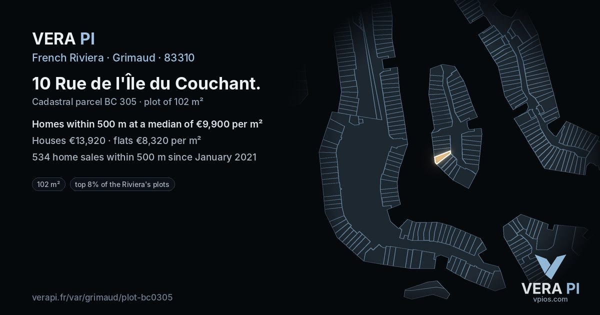 10 Rue de l'Île du Couchant, Grimaud at night – the plot lit, the parcels around coloured by the prices near them