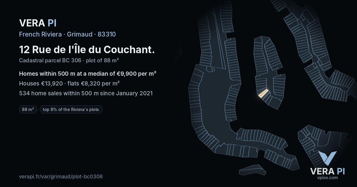 12 Rue de l'Île du Couchant, Grimaud at night – the plot lit, the parcels around coloured by the prices near them