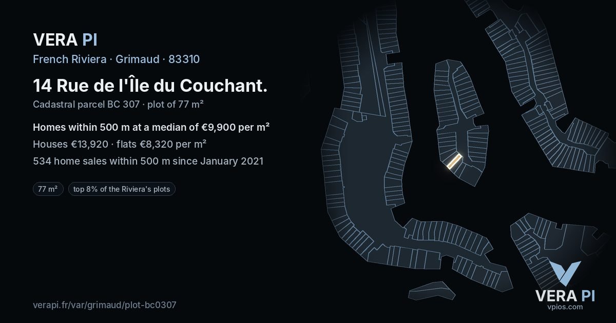 14 Rue de l'Île du Couchant, Grimaud at night – the plot lit, the parcels around coloured by the prices near them