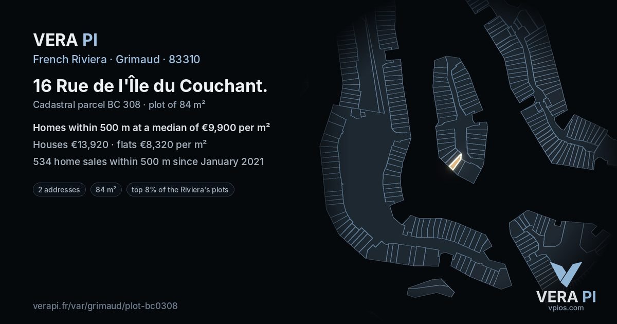 16 Rue de l'Île du Couchant, Grimaud at night – the plot lit, the parcels around coloured by the prices near them
