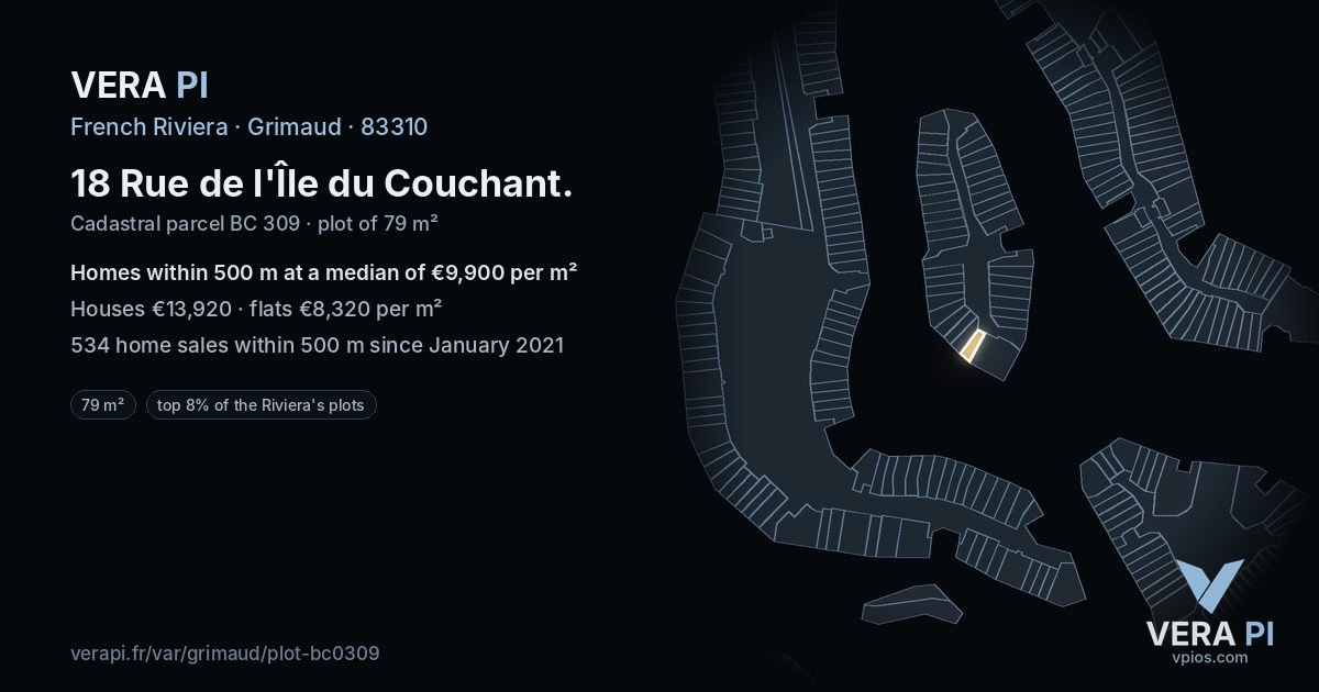 18 Rue de l'Île du Couchant, Grimaud at night – the plot lit, the parcels around coloured by the prices near them