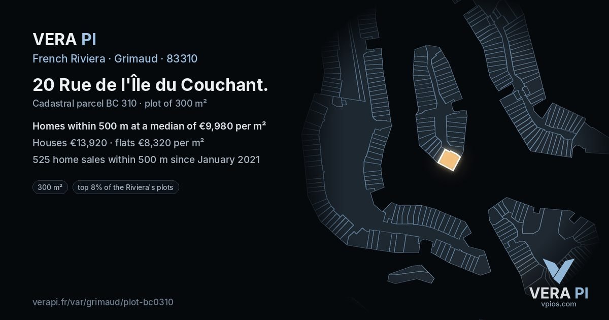 20 Rue de l'Île du Couchant, Grimaud at night – the plot lit, the parcels around coloured by the prices near them