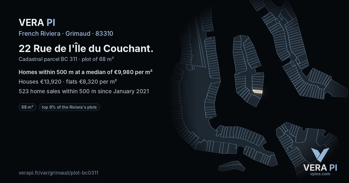 22 Rue de l'Île du Couchant, Grimaud at night – the plot lit, the parcels around coloured by the prices near them