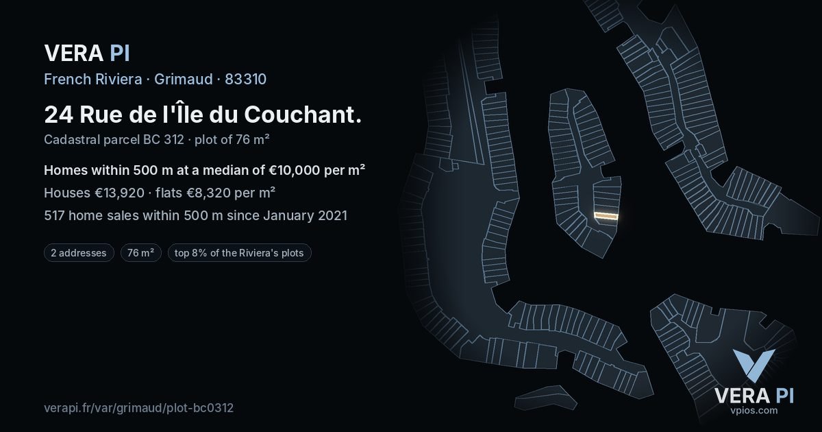 24 Rue de l'Île du Couchant, Grimaud at night – the plot lit, the parcels around coloured by the prices near them