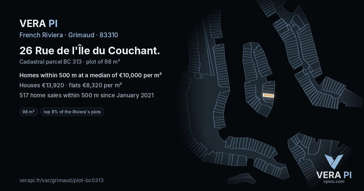 26 Rue de l'Île du Couchant, Grimaud at night – the plot lit, the parcels around coloured by the prices near them