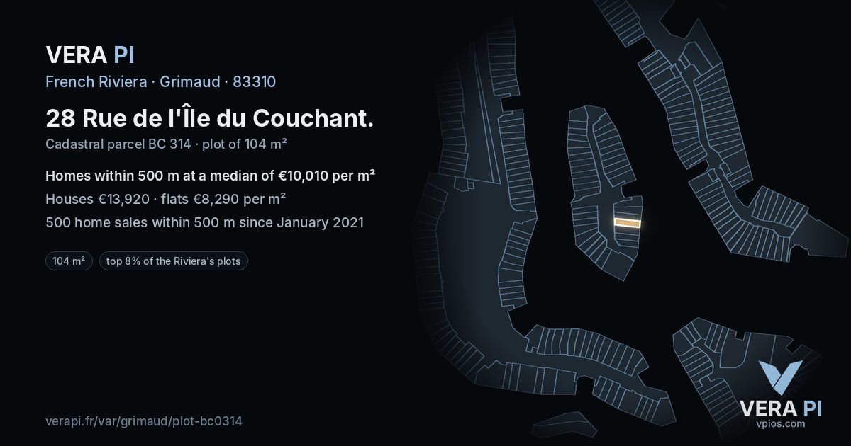 28 Rue de l'Île du Couchant, Grimaud at night – the plot lit, the parcels around coloured by the prices near them