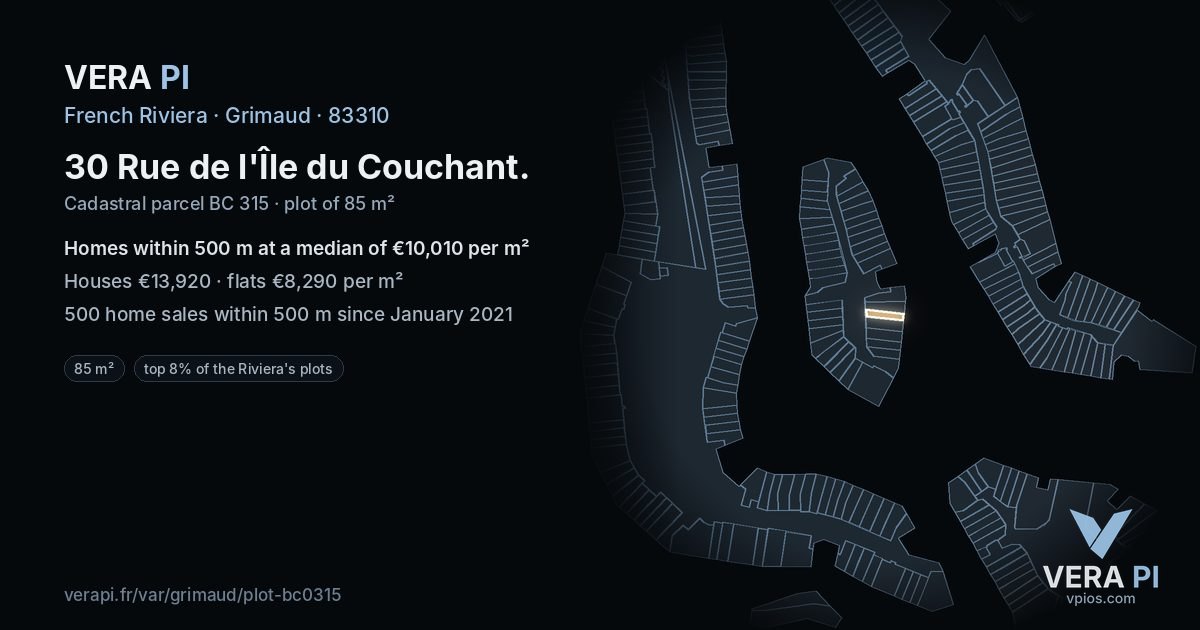 30 Rue de l'Île du Couchant, Grimaud at night – the plot lit, the parcels around coloured by the prices near them