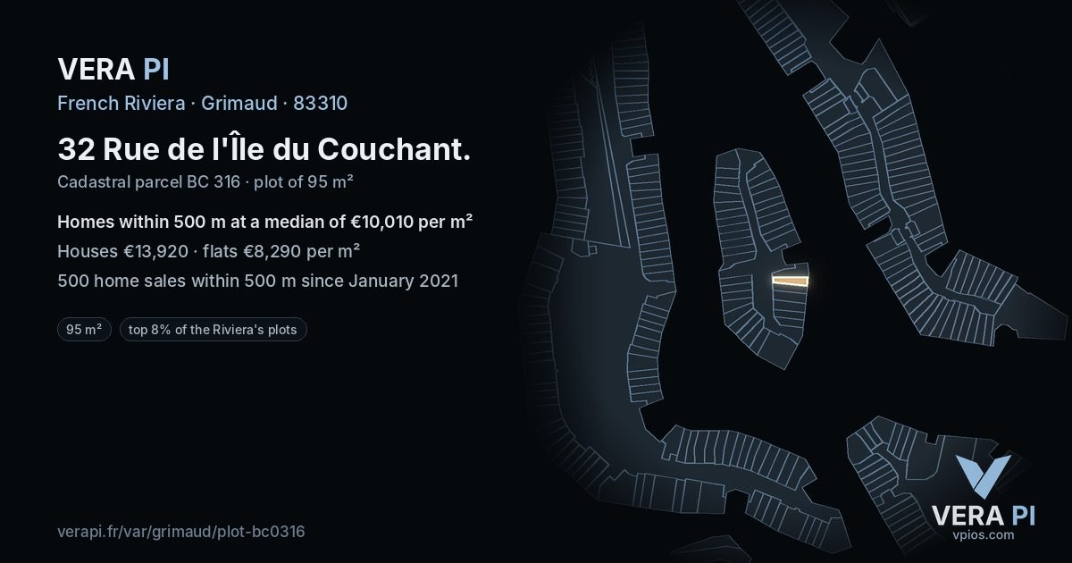 32 Rue de l'Île du Couchant, Grimaud at night – the plot lit, the parcels around coloured by the prices near them