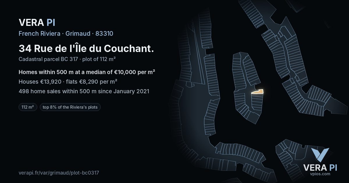 34 Rue de l'Île du Couchant, Grimaud at night – the plot lit, the parcels around coloured by the prices near them
