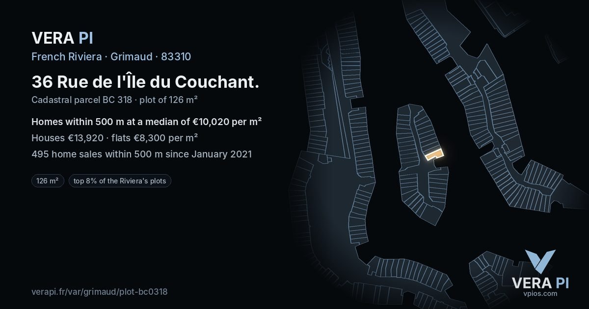 36 Rue de l'Île du Couchant, Grimaud at night – the plot lit, the parcels around coloured by the prices near them
