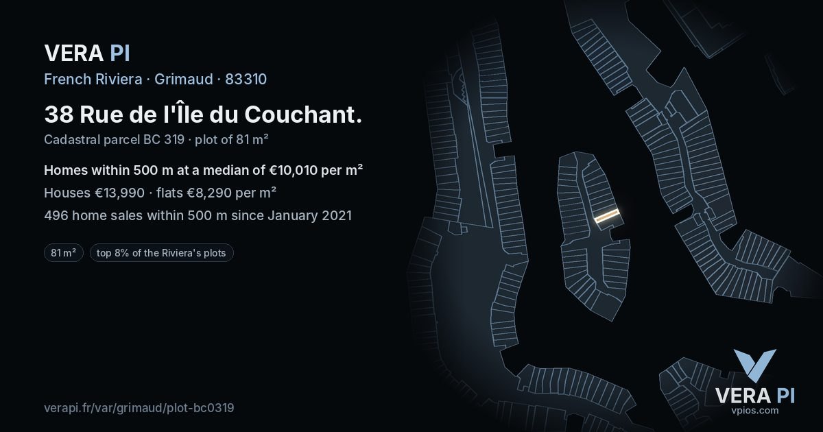 38 Rue de l'Île du Couchant, Grimaud at night – the plot lit, the parcels around coloured by the prices near them