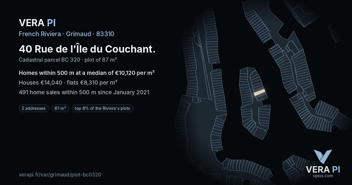 40 Rue de l'Île du Couchant, Grimaud at night – the plot lit, the parcels around coloured by the prices near them