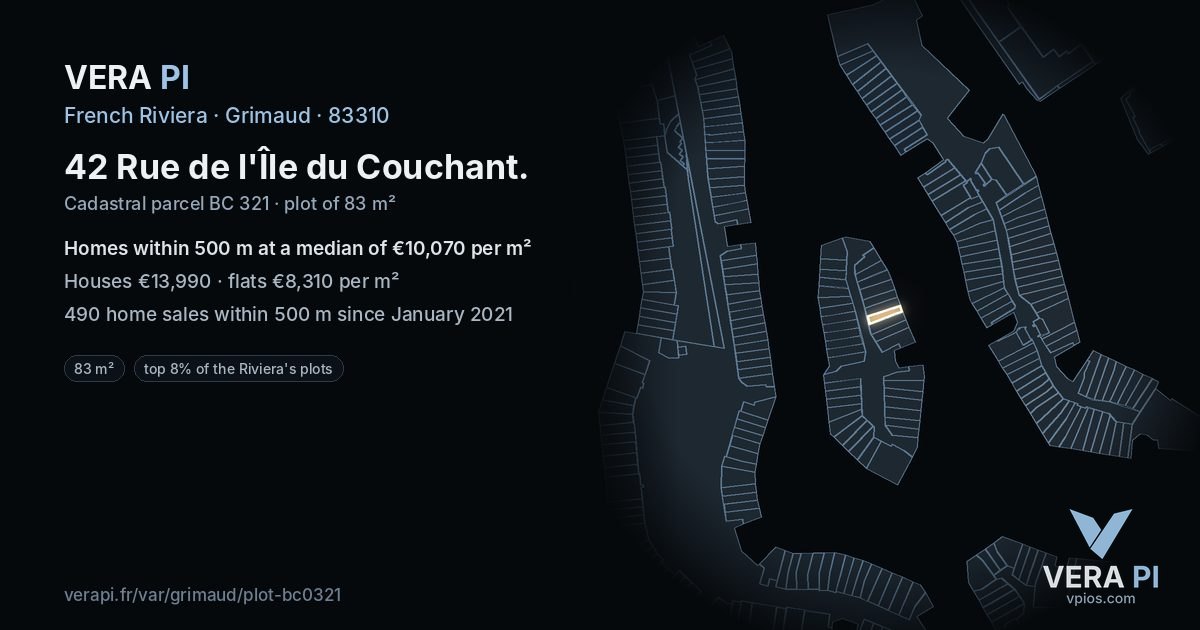 42 Rue de l'Île du Couchant, Grimaud at night – the plot lit, the parcels around coloured by the prices near them