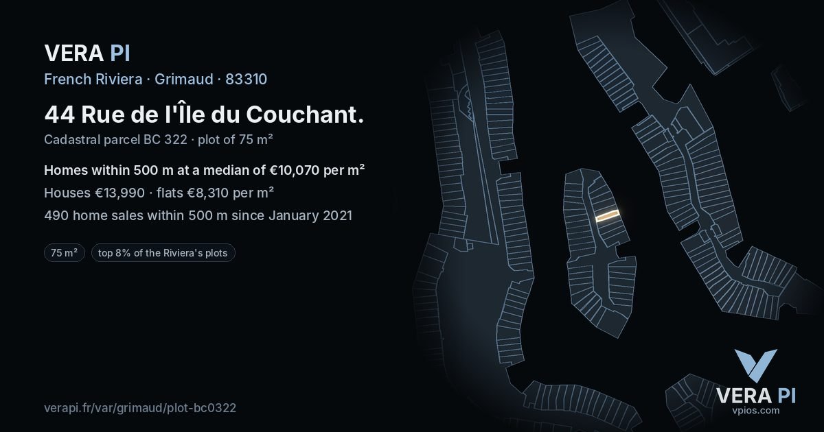 44 Rue de l'Île du Couchant, Grimaud at night – the plot lit, the parcels around coloured by the prices near them