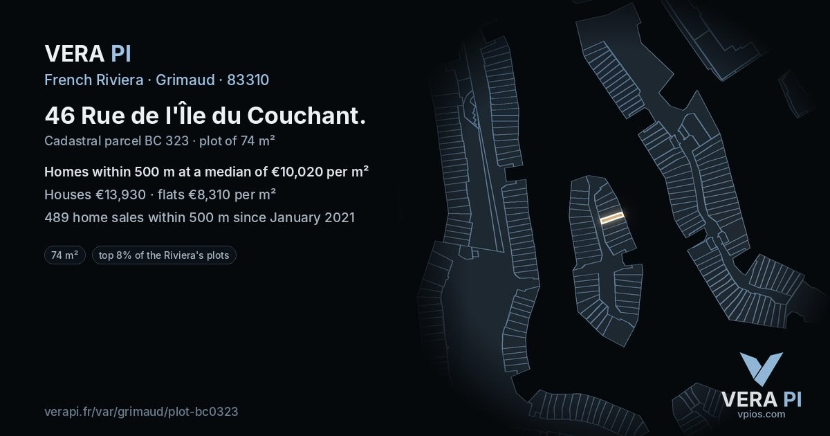46 Rue de l'Île du Couchant, Grimaud at night – the plot lit, the parcels around coloured by the prices near them