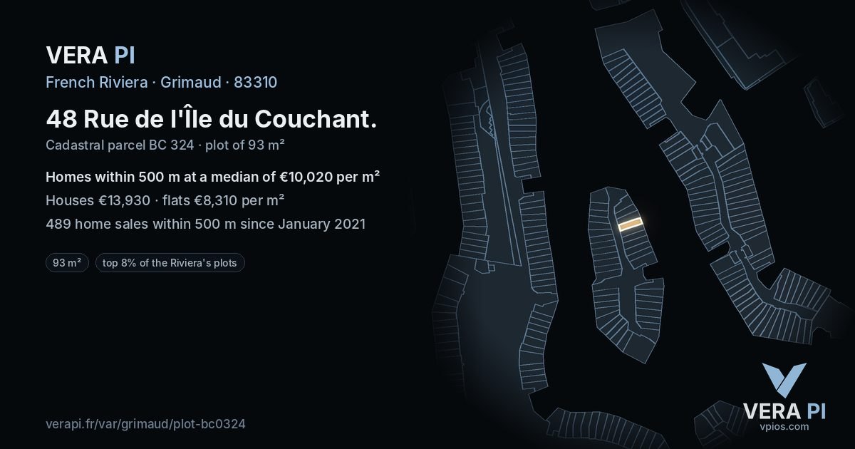 48 Rue de l'Île du Couchant, Grimaud at night – the plot lit, the parcels around coloured by the prices near them