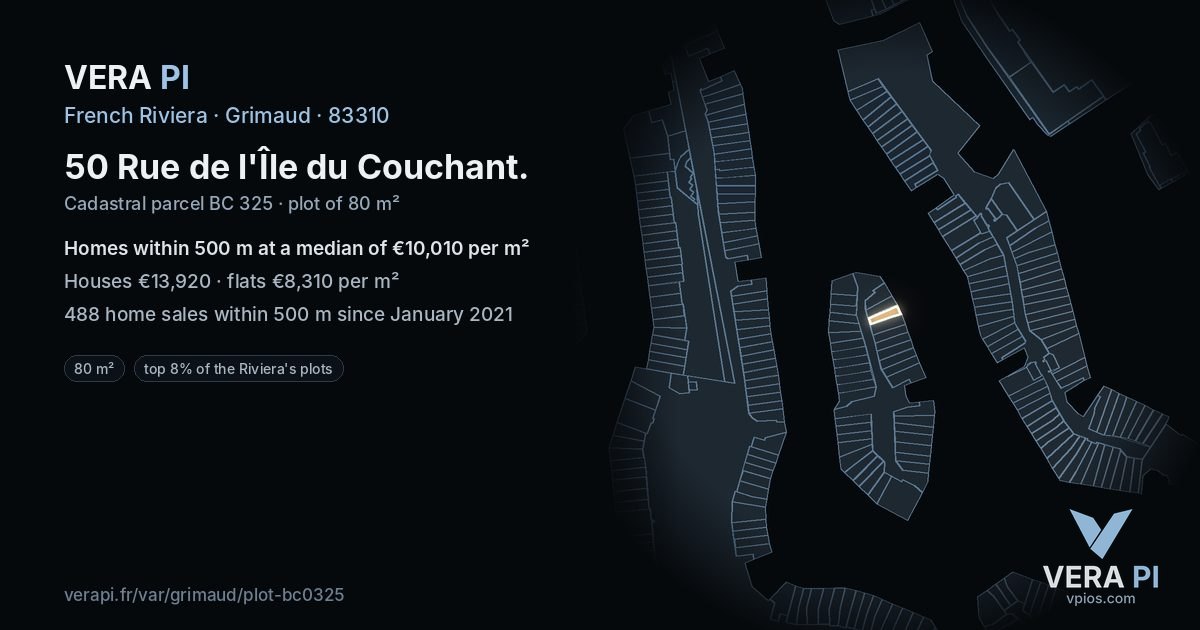 50 Rue de l'Île du Couchant, Grimaud at night – the plot lit, the parcels around coloured by the prices near them